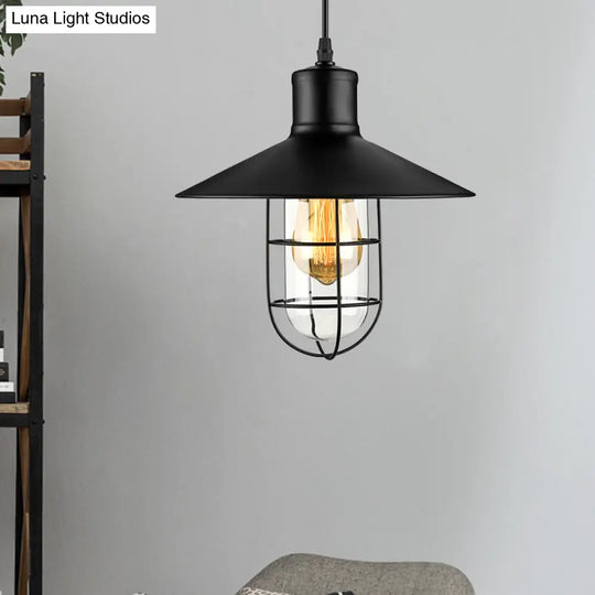 Nautical-Style Wire Guard Pendant Lighting: 10.5’/11’/14.5’ Wide Black Cone Metal Ceiling