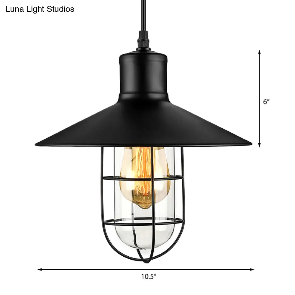 Nautical-Style Wire Guard Pendant Lighting: 10.5’/11’/14.5’ Wide Black Cone Metal Ceiling