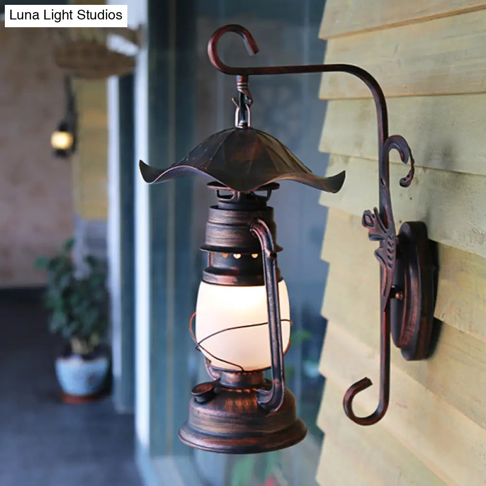 Nautical Weathered Copper Kerosene Lamp - Opaline Glass Wall Mount Light For Porch Lighting