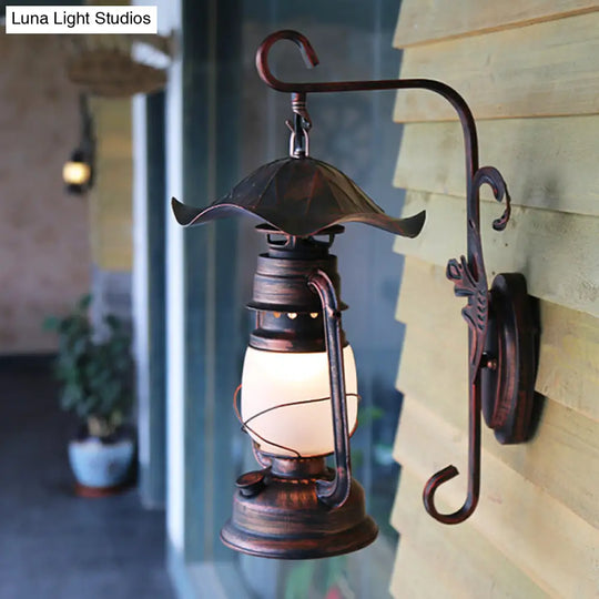 Nautical Weathered Copper Kerosene Lamp - Opaline Glass Wall Mount Light For Porch Lighting