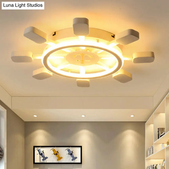 Nautical White Flush Ceiling Lamp For Childs Bedroom: Rudder Anchor Design /