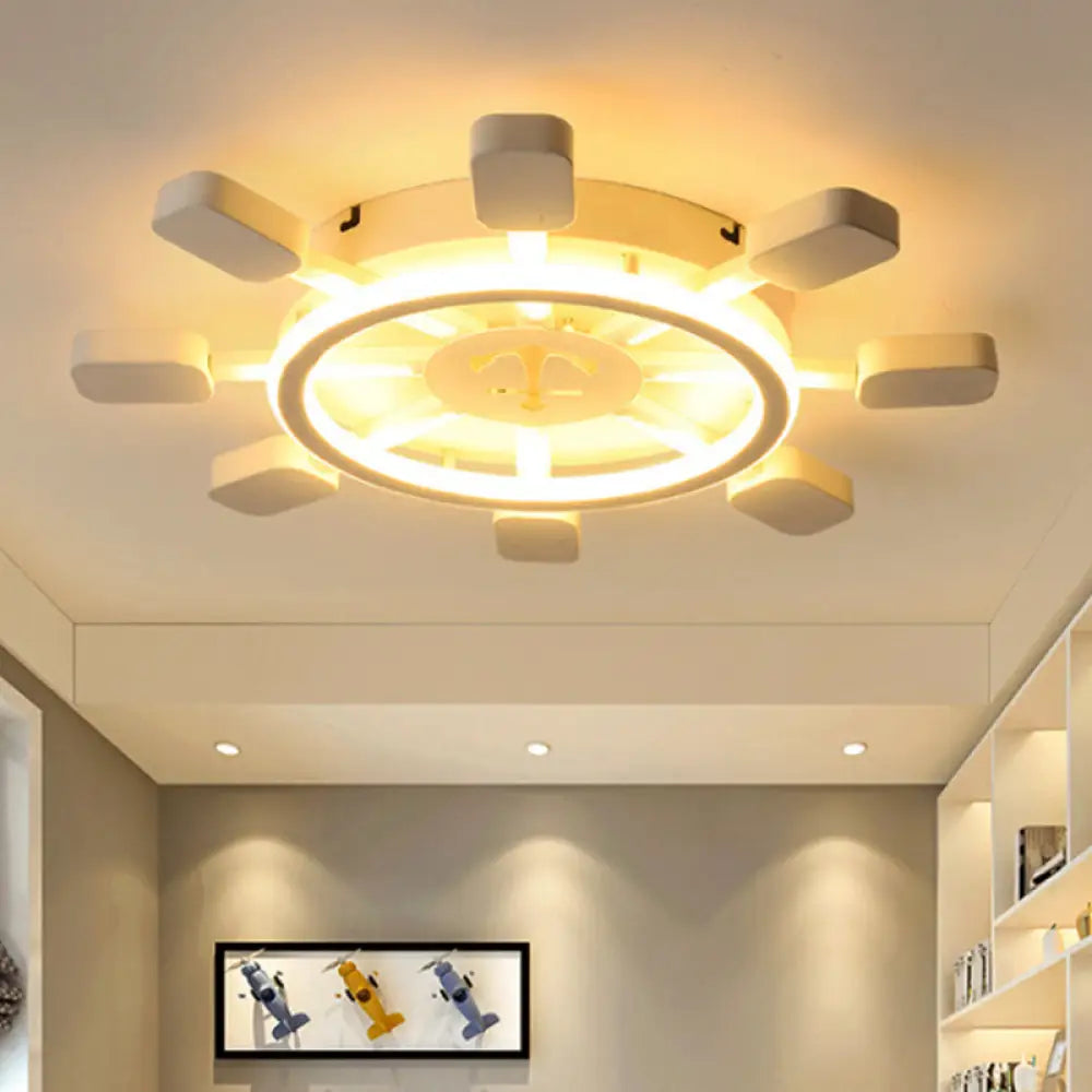 Nautical White Flush Ceiling Lamp For Child’s Bedroom: Rudder Anchor Design /