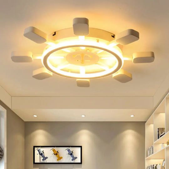 Nautical White Flush Ceiling Lamp For Child’s Bedroom: Rudder Anchor Design /