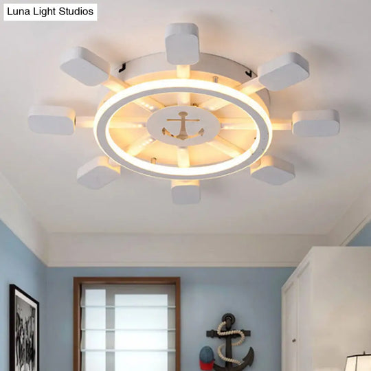 Nautical White Flush Ceiling Lamp For Childs Bedroom: Rudder Anchor Design