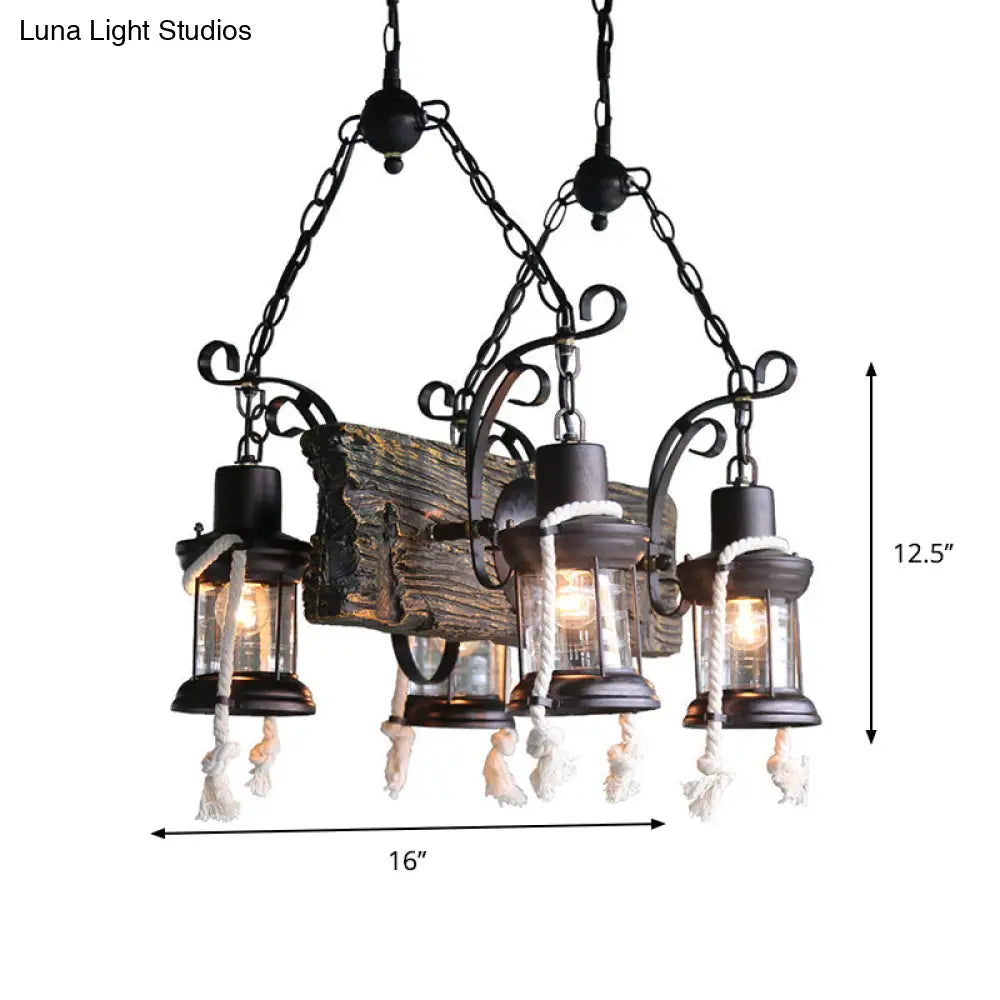 Nautical Wood Board Black Island Lamp - 4-Light Linear Suspension Lighting With Lantern And Hemp