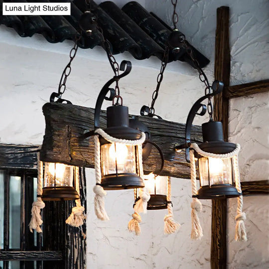 Nautical Wood Board Black Island Lamp - 4-Light Linear Suspension Lighting With Lantern And Hemp