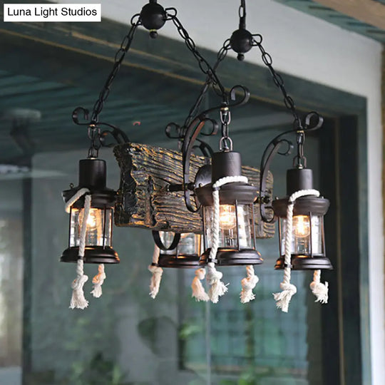 Nautical Wood Board Black Island Lamp - 4-Light Linear Suspension Lighting With Lantern And Hemp