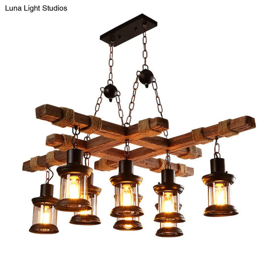 Nautical Pub Chandelier - 8 Light Suspension Lighting With Clear Glass Lantern Shades In Wood