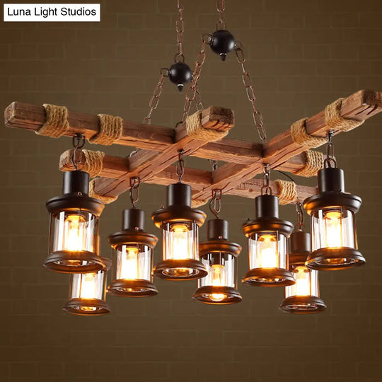Nautical Pub Chandelier - 8 Light Suspension Lighting With Clear Glass Lantern Shades In Wood