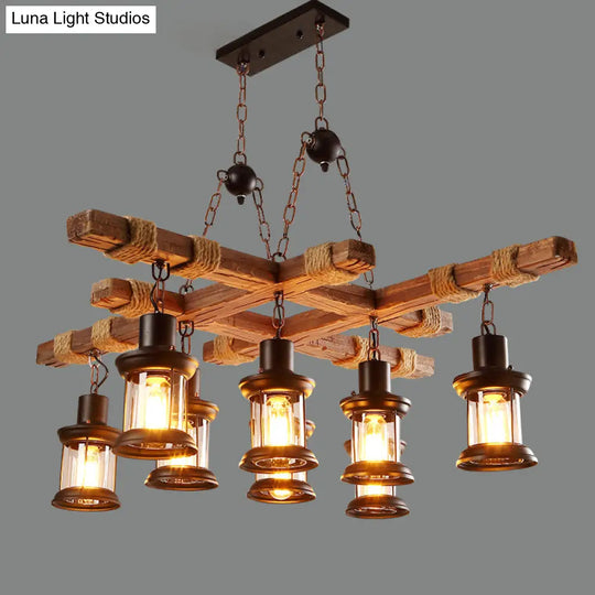 Nautical Wood Chandelier: 8-Light Pub Suspension Lighting With Clear Glass Lantern Shades