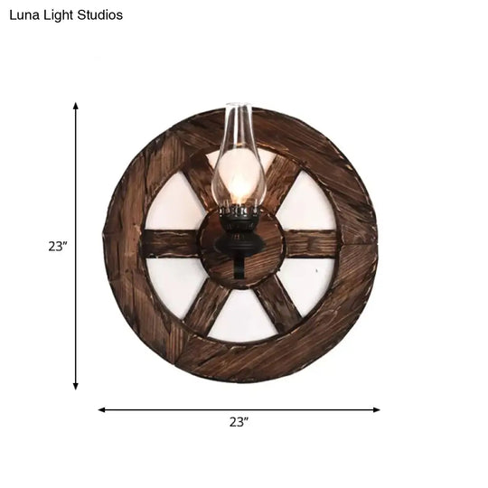 Nautical Wood Kerosene Lantern Wall Lamp: Brown Mount Light With Backplate