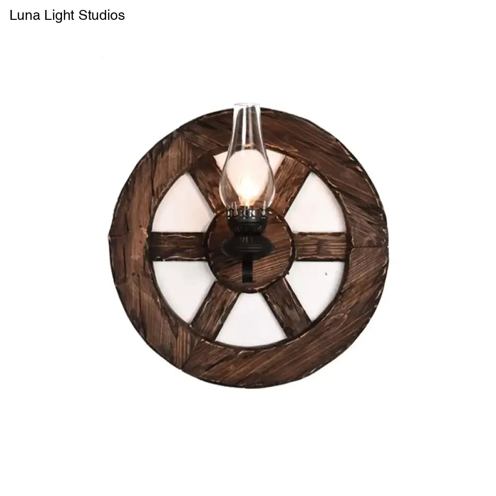 Nautical Wood Kerosene Lantern Wall Lamp: Brown Mount Light With Backplate