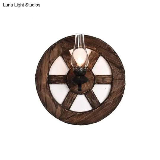 Nautical Wood Kerosene Lantern Wall Lamp: Brown Mount Light With Backplate