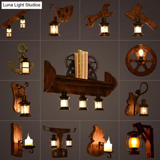 Nautical Wood Kerosene Lantern Wall Lamp: Brown Mount Light With Backplate