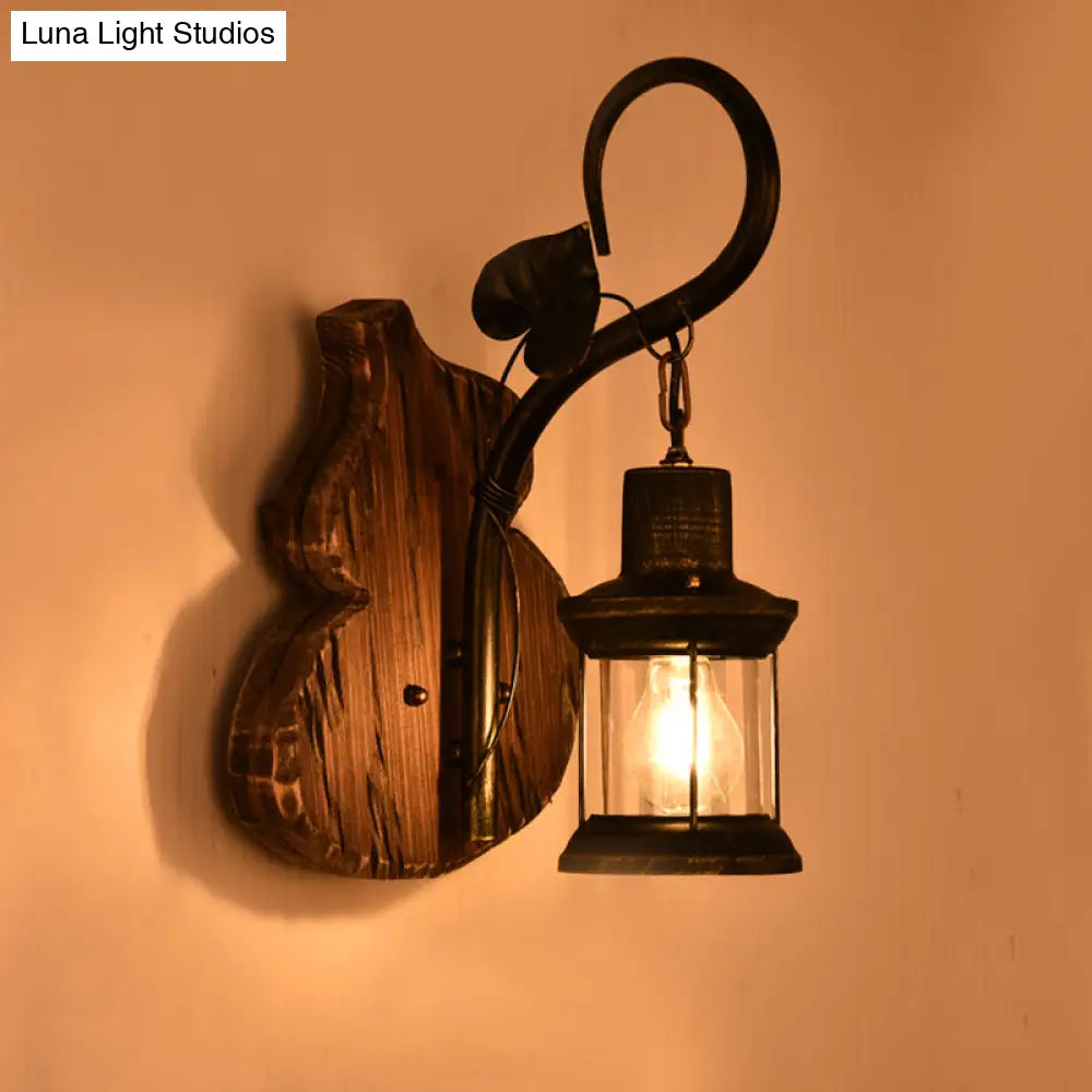 Nautical Wood Kerosene Lantern Wall Lamp: Brown Mount Light With Backplate