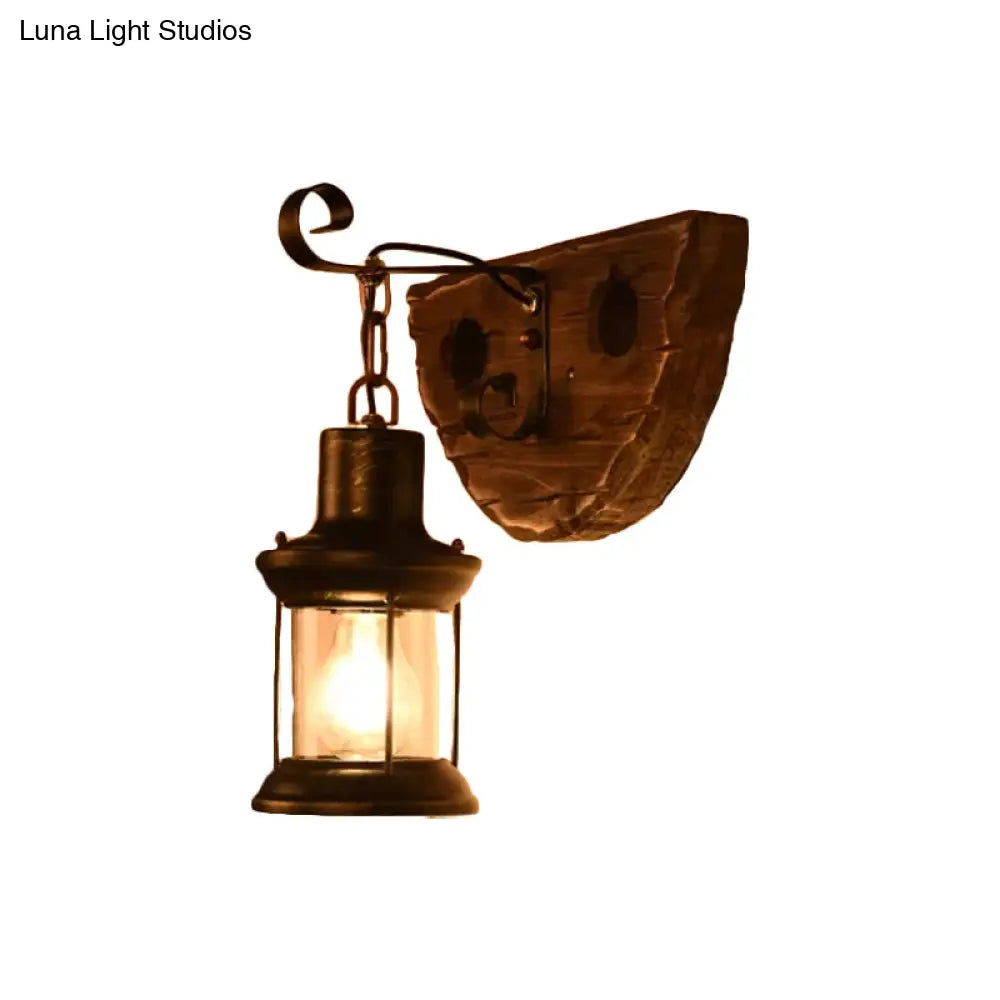 Nautical Wood Kerosene Lantern Wall Lamp: Brown Mount Light With Backplate