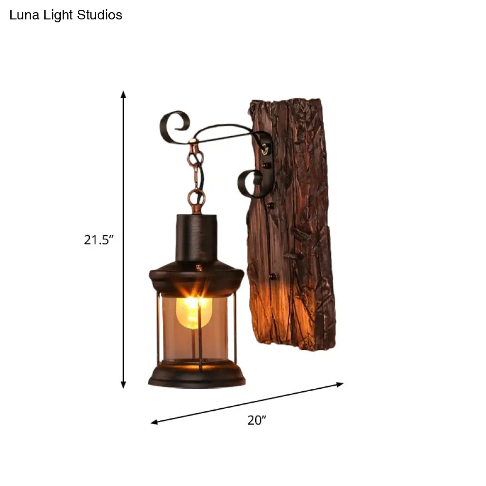 Nautical Wood Kerosene Lantern Wall Lamp: Brown Mount Light With Backplate