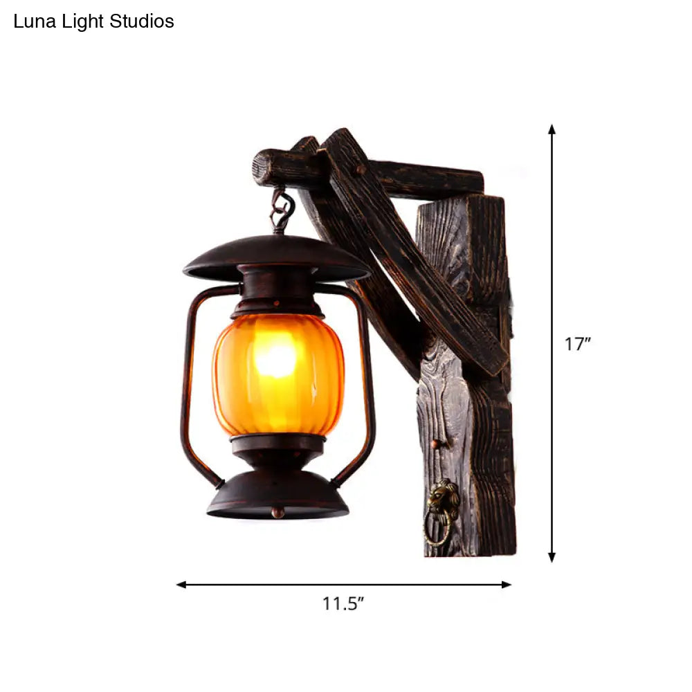 Nautical Wood Kerosene Lantern Wall Lamp: Brown Mount Light With Backplate