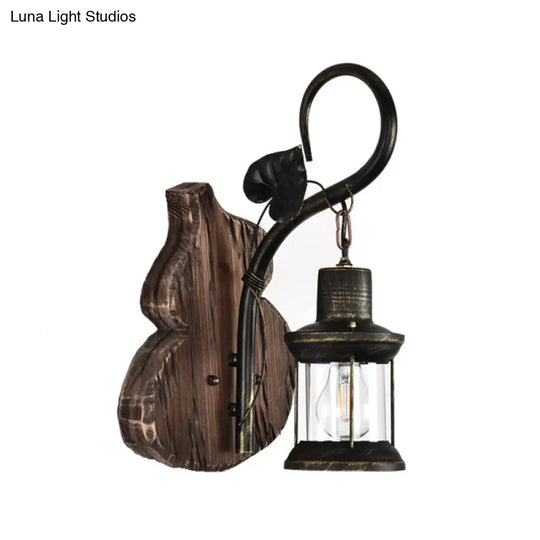 Nautical Wood Kerosene Lantern Wall Lamp: Brown Mount Light With Backplate