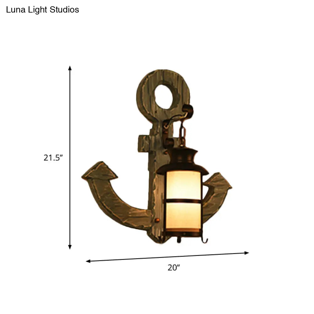 Nautical Wood Kerosene Lantern Wall Lamp: Brown Mount Light With Backplate