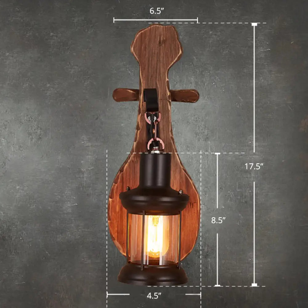 Nautical Wood Sconce Wall Light With Lantern Lampshade - Novelty Guitar Design