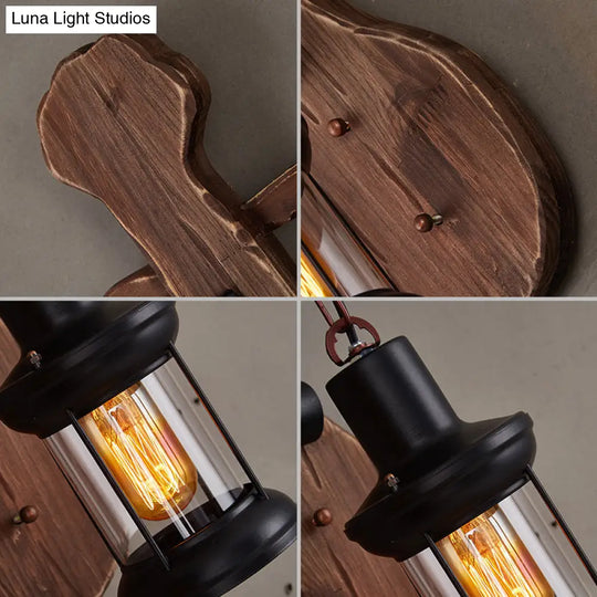 Nautical Wood Sconce Wall Light With Lantern Lampshade - Novelty Guitar Design