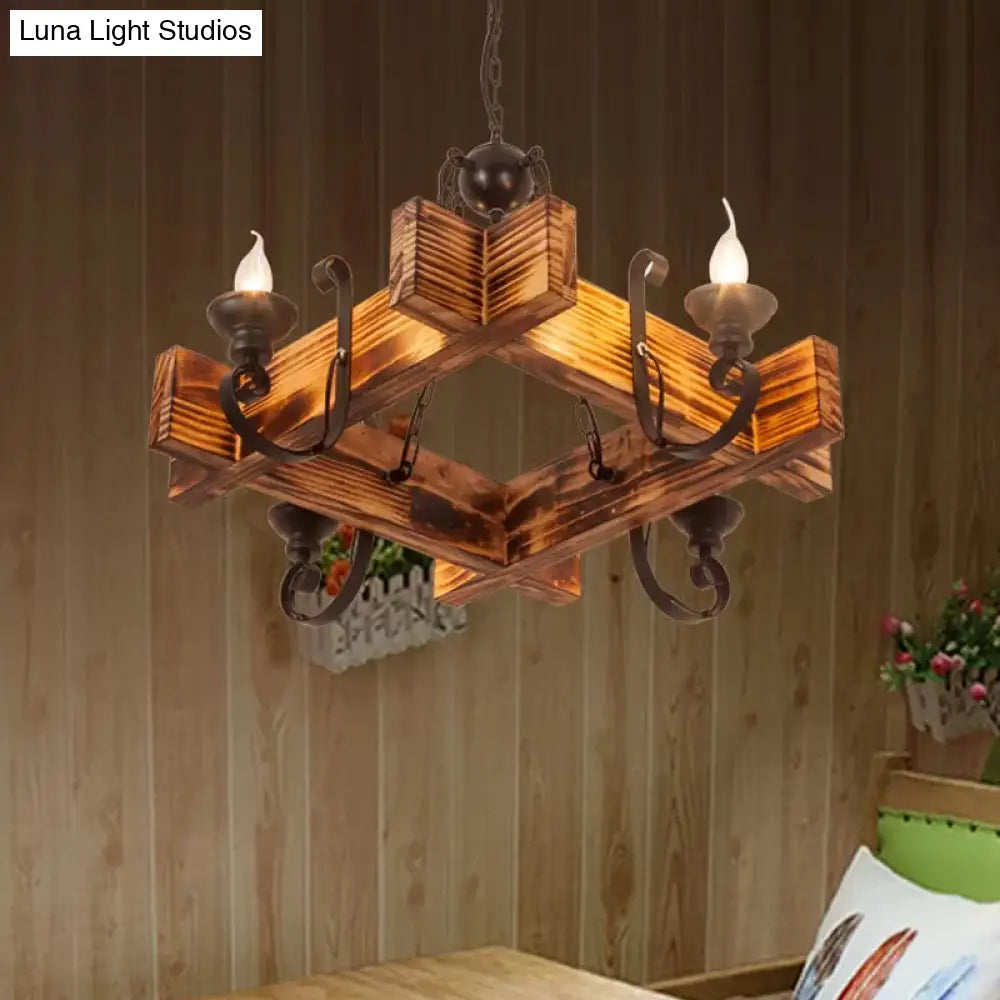Nautical Wooden Hanging Light Fixture-Chandelier In Brown Triangular/Square Design 3/4/6-Head