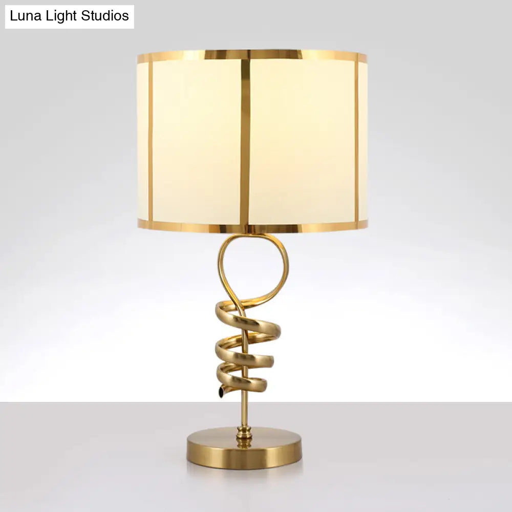 Retro Fabric 1-Head Table Lamp With Twisted Brass Base - Barrel Living Room Desk Light