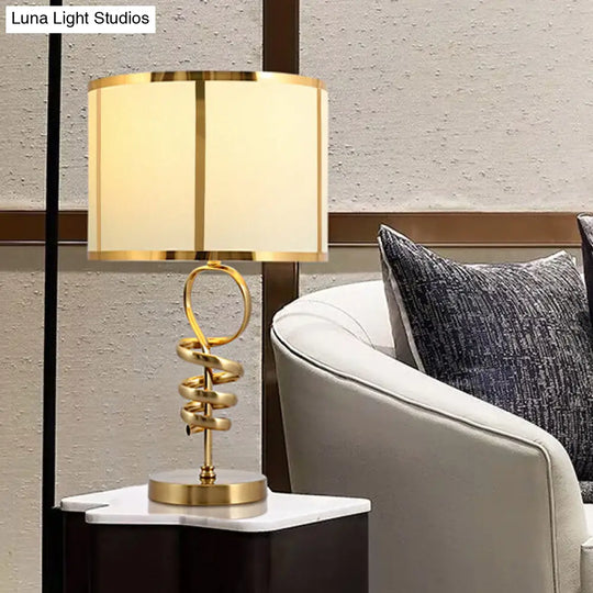 Retro Fabric 1-Head Table Lamp With Twisted Brass Base - Barrel Living Room Desk Light