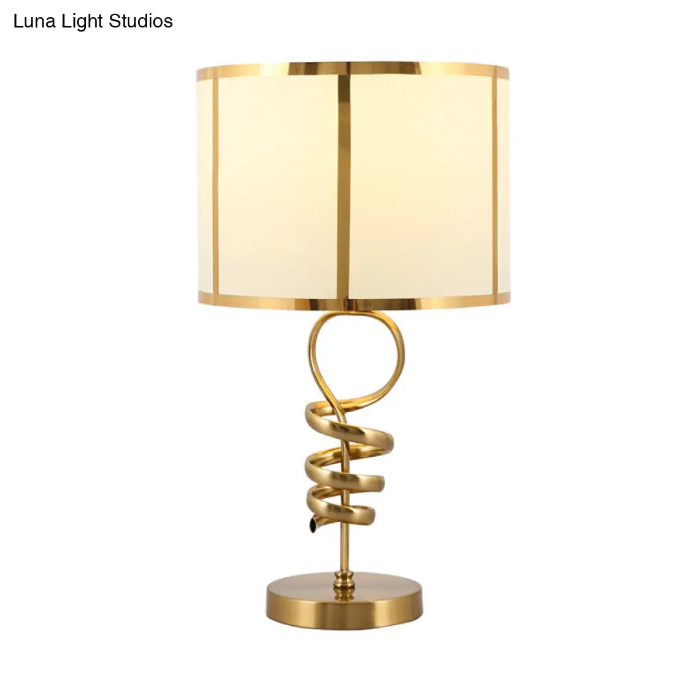 Retro Fabric 1-Head Table Lamp With Twisted Brass Base - Barrel Living Room Desk Light