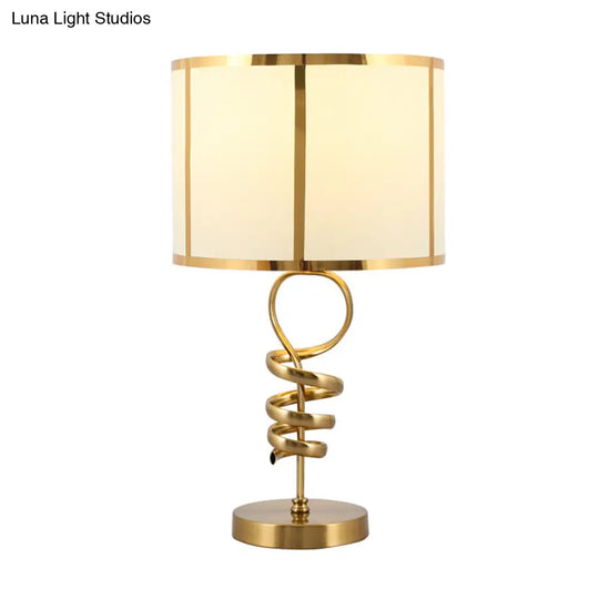 Retro Fabric 1-Head Table Lamp With Twisted Brass Base - Barrel Living Room Desk Light