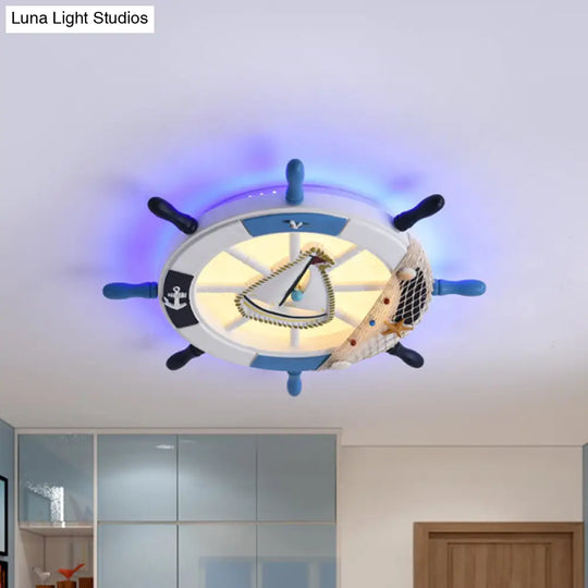 Navigate Your Way With Blue Rudder Flushmount: Kids Led Close To Ceiling Lamp Metallic Touch Light