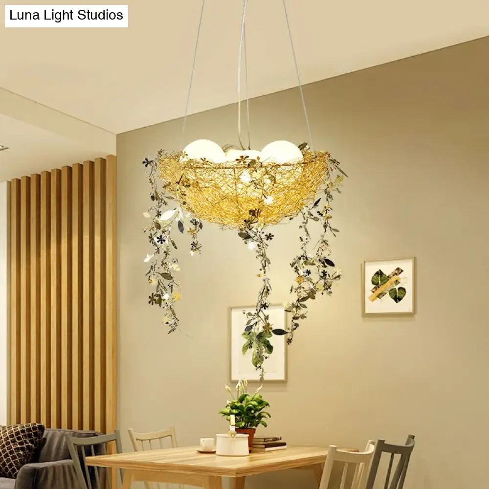 Nest Metal Chandelier Art Deco Ceiling Light With 4 Silver/Gold Lights And Milk Glass Globe Shade