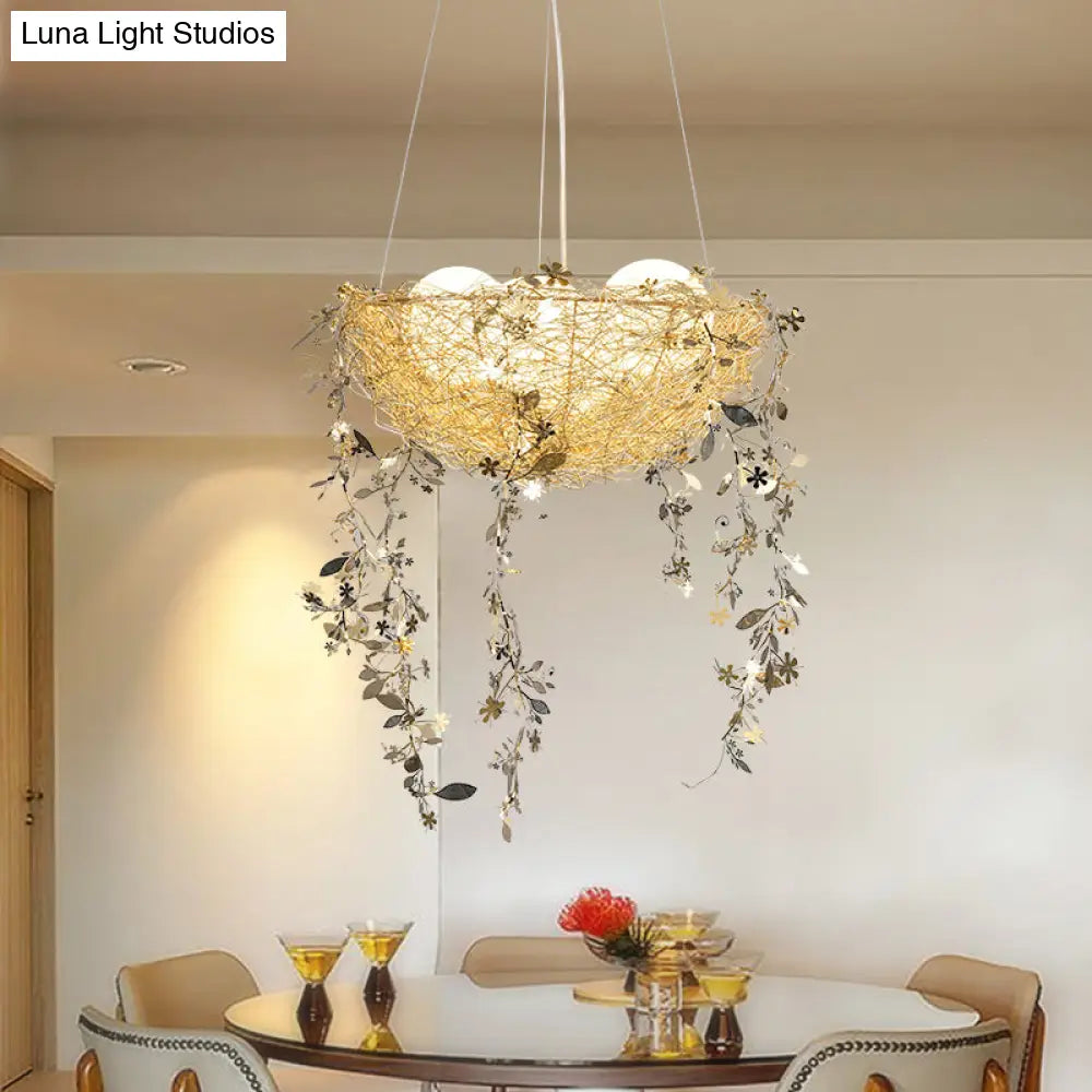 Nest Metal Chandelier Art Deco Ceiling Light With 4 Silver/Gold Lights And Milk Glass Globe Shade