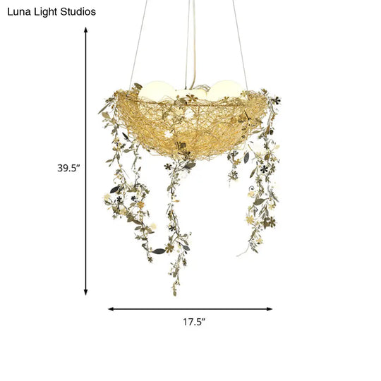 Nest Metal Chandelier Art Deco Ceiling Light With 4 Silver/Gold Lights And Milk Glass Globe Shade