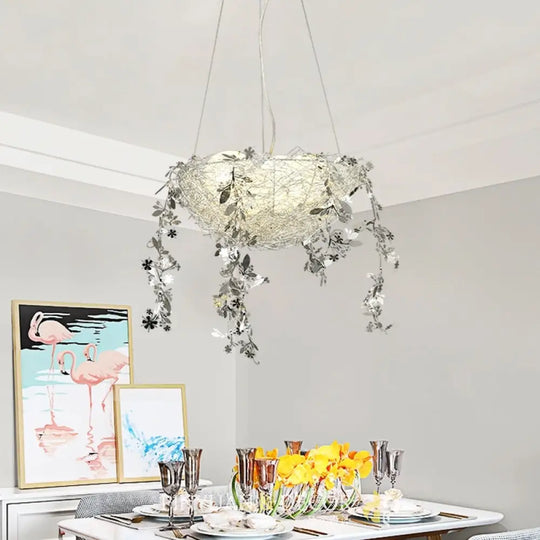 Nest Metal Chandelier Art Deco Ceiling Light With 4 Silver/Gold Lights And Milk Glass Globe Shade