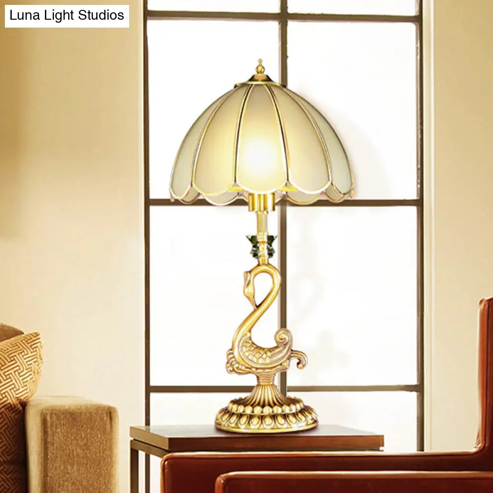 Colonial Style Scalloped Table Lamp With Metal Swan Design - White Glass Shade Gold Finish