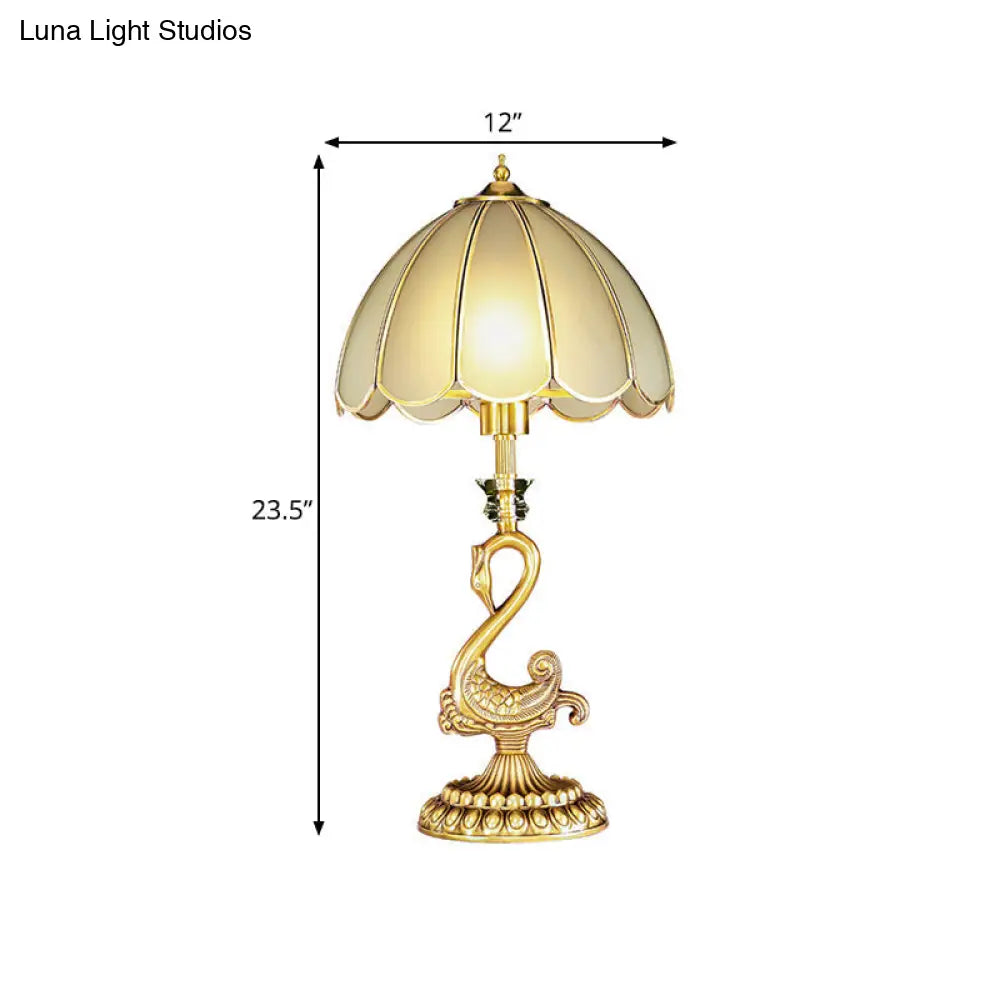 Colonial Style Scalloped Table Lamp With Metal Swan Design - White Glass Shade Gold Finish