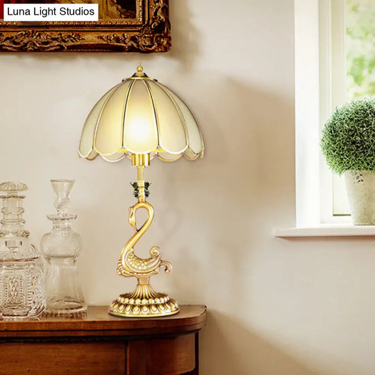 Colonial Style Scalloped Table Lamp With Metal Swan Design - White Glass Shade Gold Finish