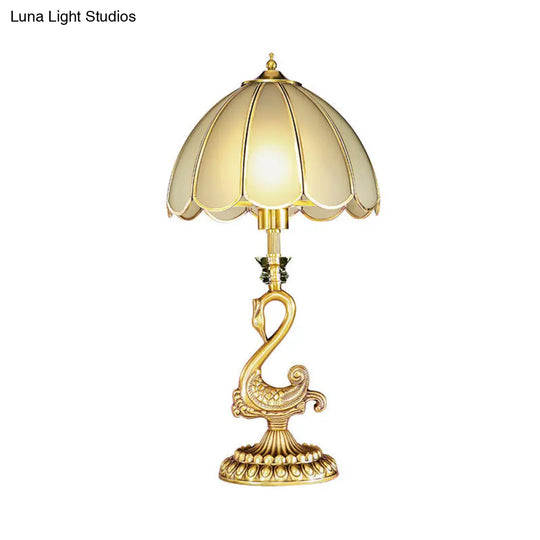 Colonial Style Scalloped Table Lamp With Metal Swan Design - White Glass Shade Gold Finish