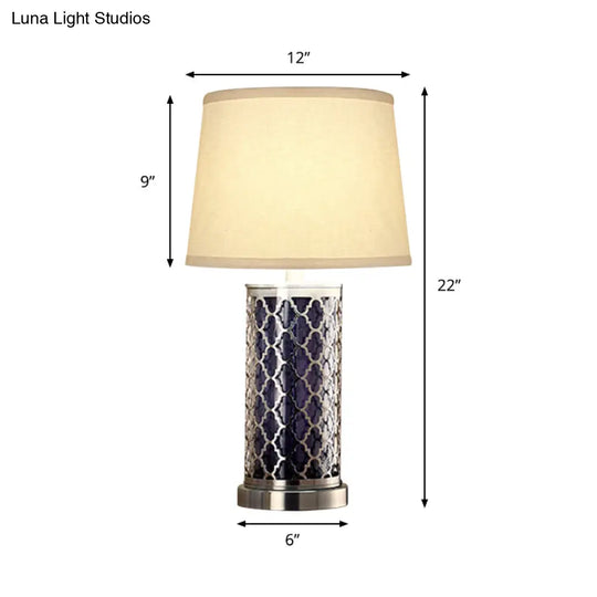 Nickel Finish Metal Table Lamp - Quatrefoil Cage Design 1-Light Nightstand Light With Fabric