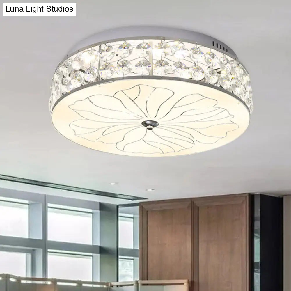 Nickel Led Round Flushmount Crystal Ceiling Light Fixture With Opal Glass Diffuser - Modern And