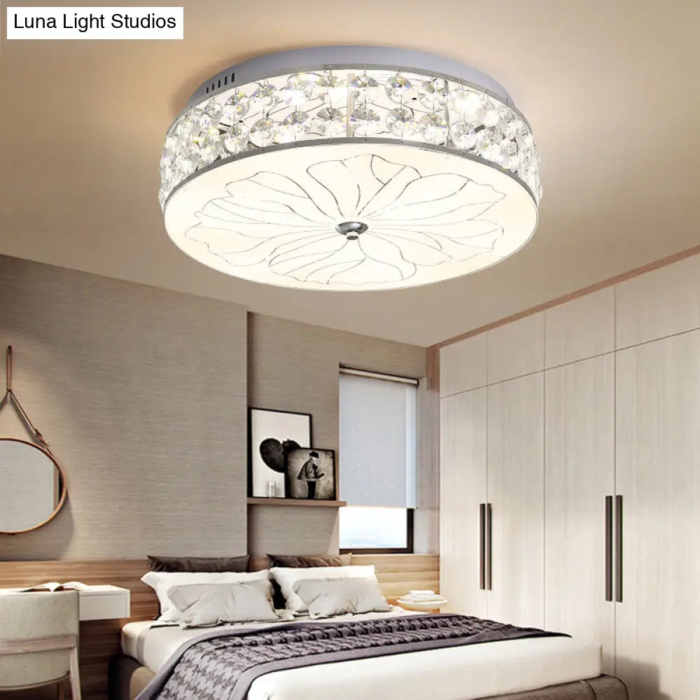 Nickel Led Round Flushmount Crystal Ceiling Light Fixture With Opal Glass Diffuser - Modern And