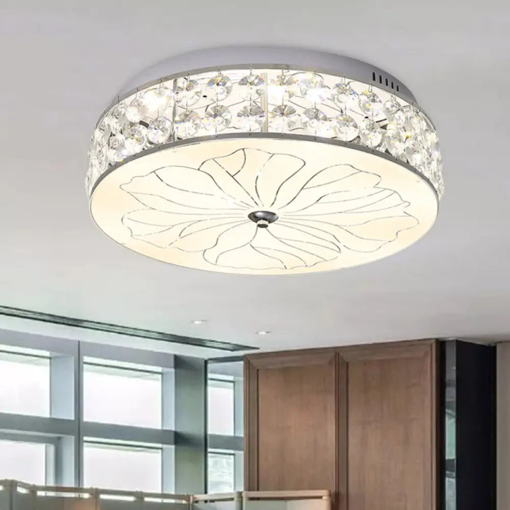 Nickel Led Round Flushmount Crystal Ceiling Light Fixture With Opal Glass Diffuser - Modern And