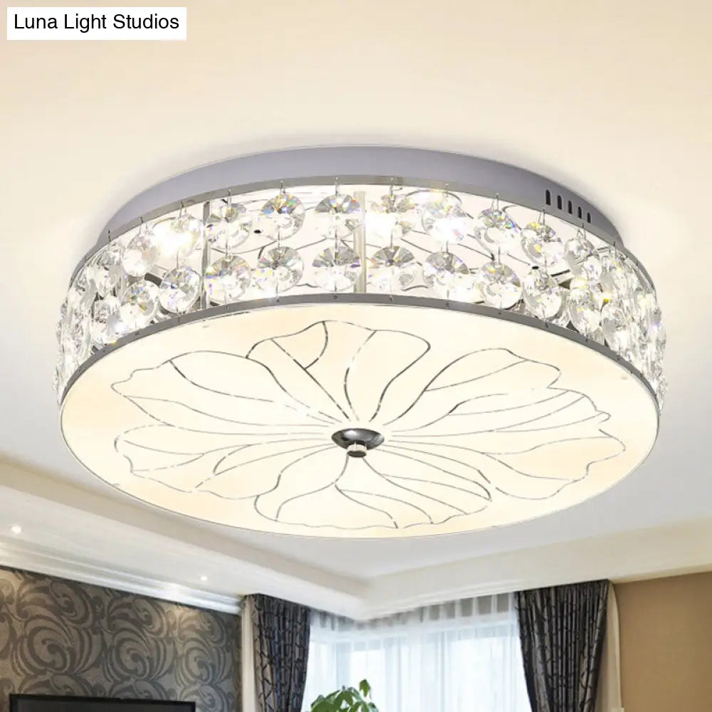 Nickel Led Round Flushmount Crystal Ceiling Light Fixture With Opal Glass Diffuser - Modern And