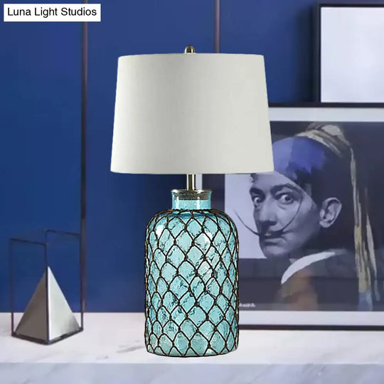 Vintage Blue Glass Table Lamp With Trellis Net & White Shade - Elegant Night Light For Living Room