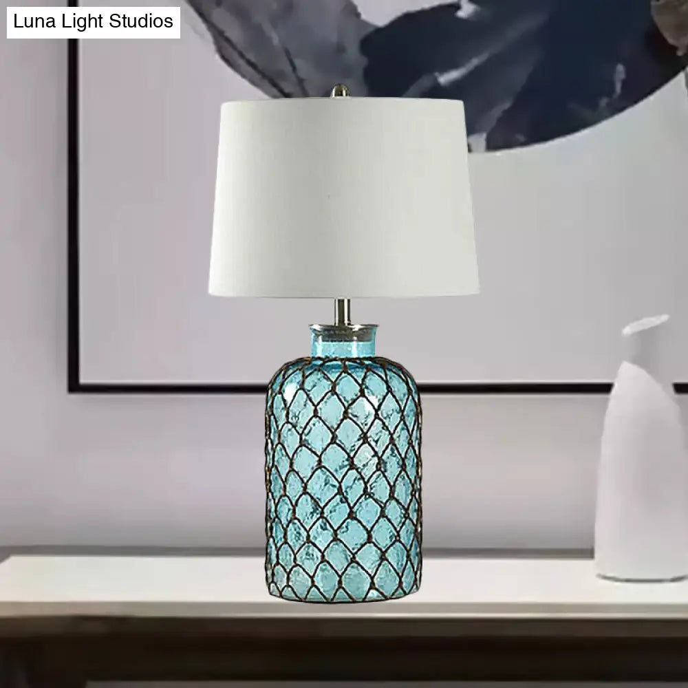 Vintage Blue Glass Table Lamp With Trellis Net & White Shade - Elegant Night Light For Living Room