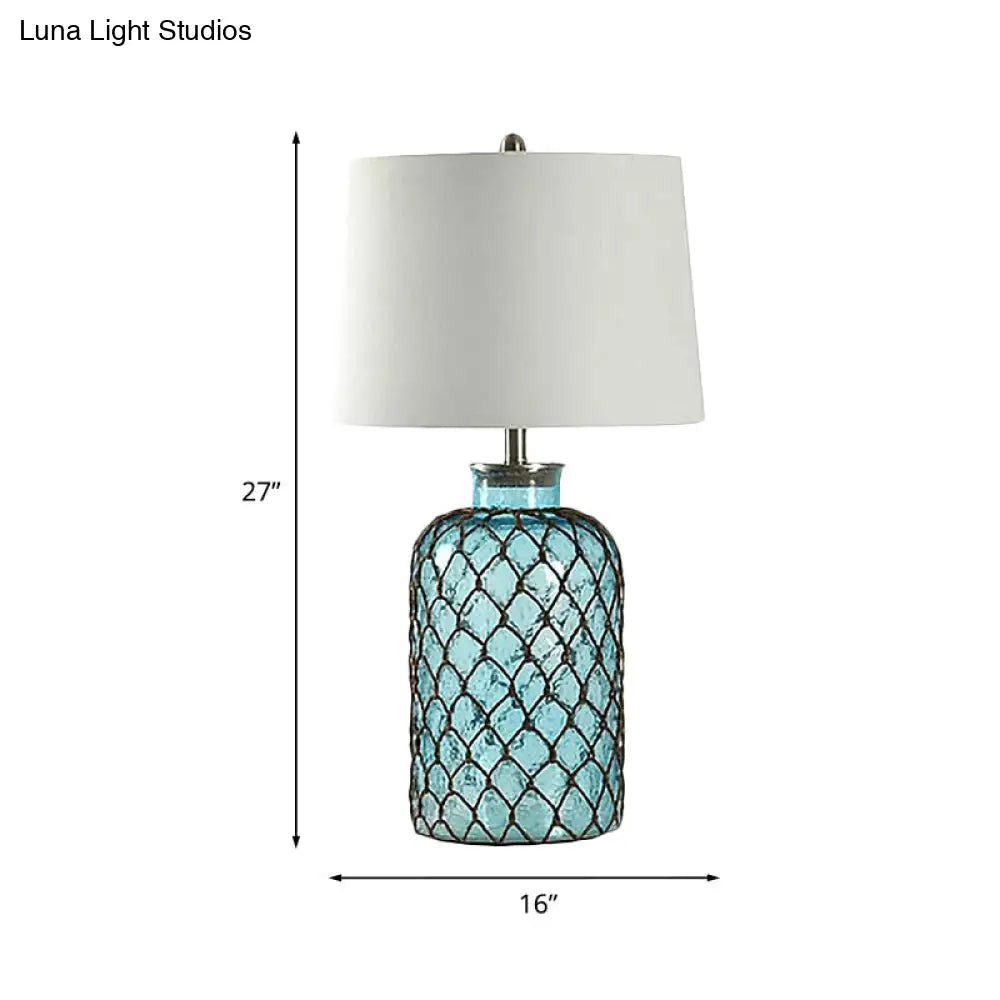 Vintage Blue Glass Table Lamp With Trellis Net & White Shade - Elegant Night Light For Living Room