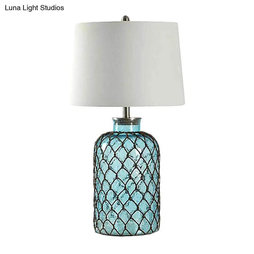 Vintage Blue Glass Table Lamp With Trellis Net & White Shade - Elegant Night Light For Living Room