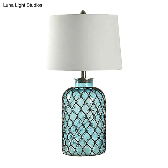 Vintage Blue Glass Table Lamp With Trellis Net & White Shade - Elegant Night Light For Living Room